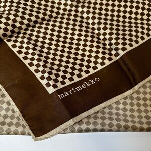 Marimekko Silk Scarf 26” Brown Cream Geometric Check Vintage Finland
